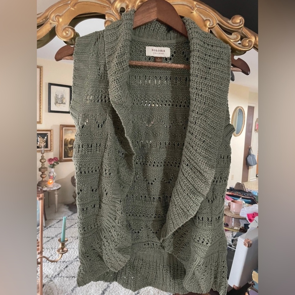 Sonoma Olive Green Knit Sweater Vest Cardigan Sleeveless Cozy Layering - Picture 1 of 2